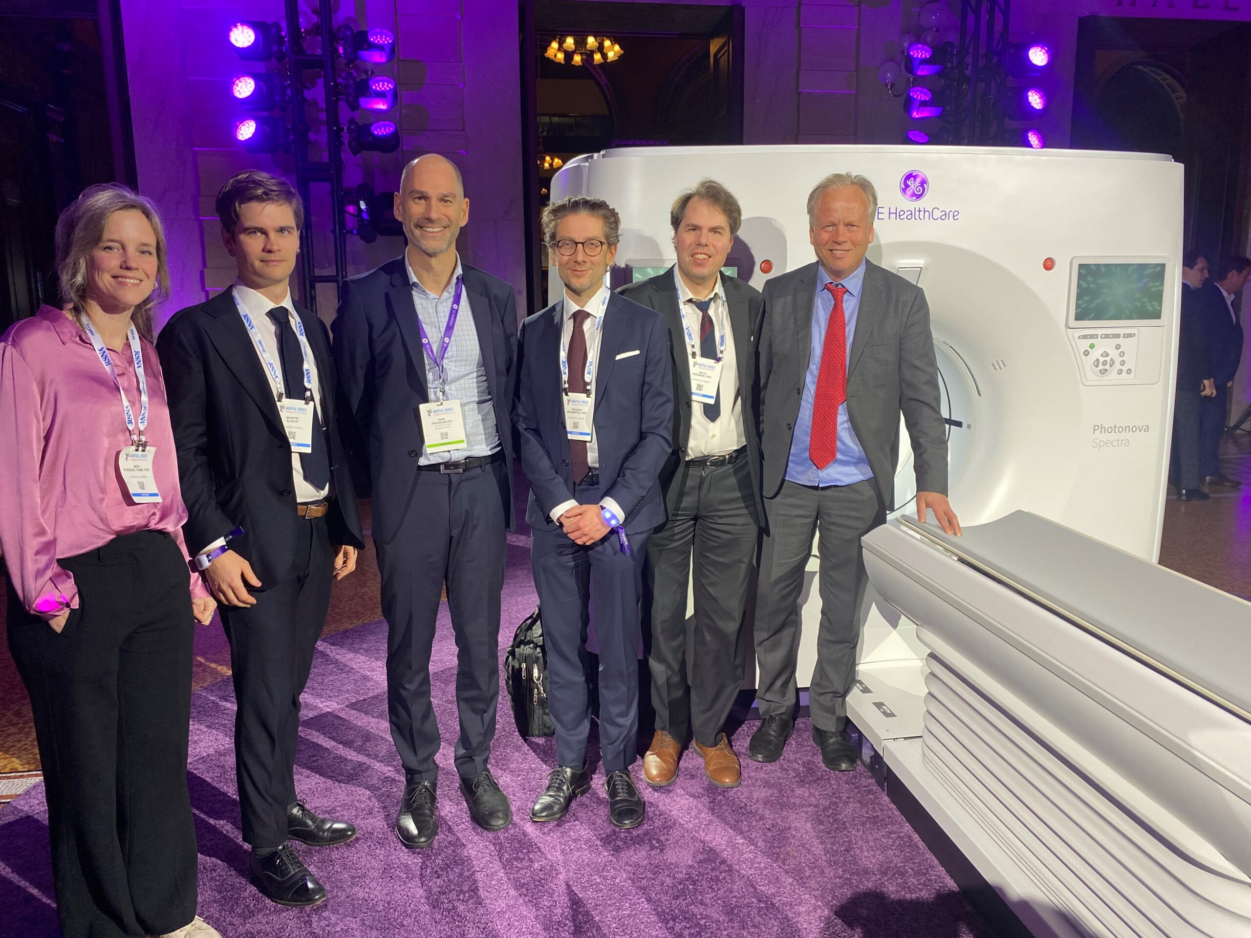 Pictured, from left to right: Moa Yveborg Tamm, Department of Physics, KTH; Martin Sjölin, GE Healthcare; Erik Fredenberg, GE Healthcare and Department of Physics, KTH; Fredrik Grönberg, GE Healthcare; Mats Persson, Department of Physics, KTH; Mats Danielsson, Department of Physics, KTH. Photo: Mark Frontera